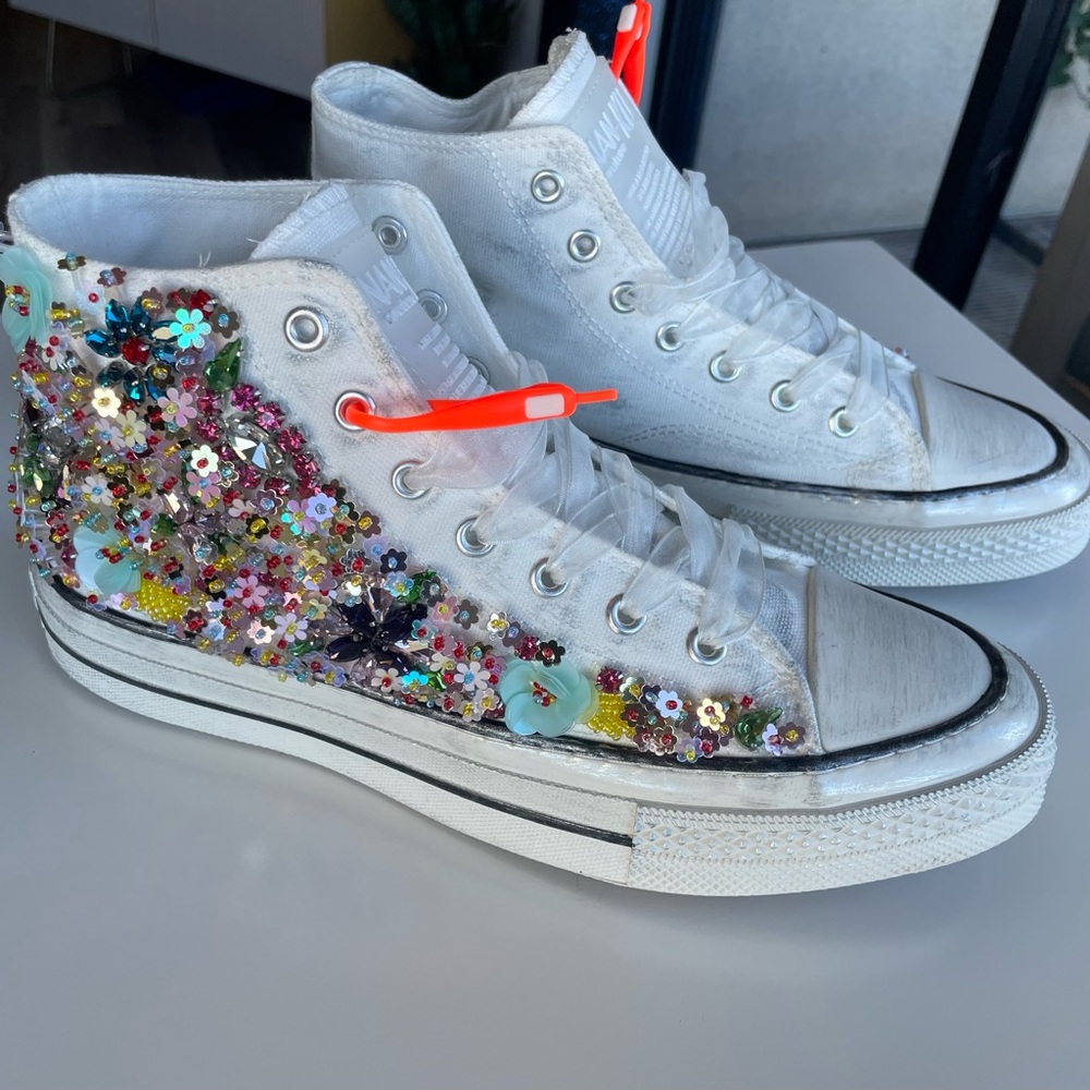 White sun showers Nan-ku couture hi top sneakers